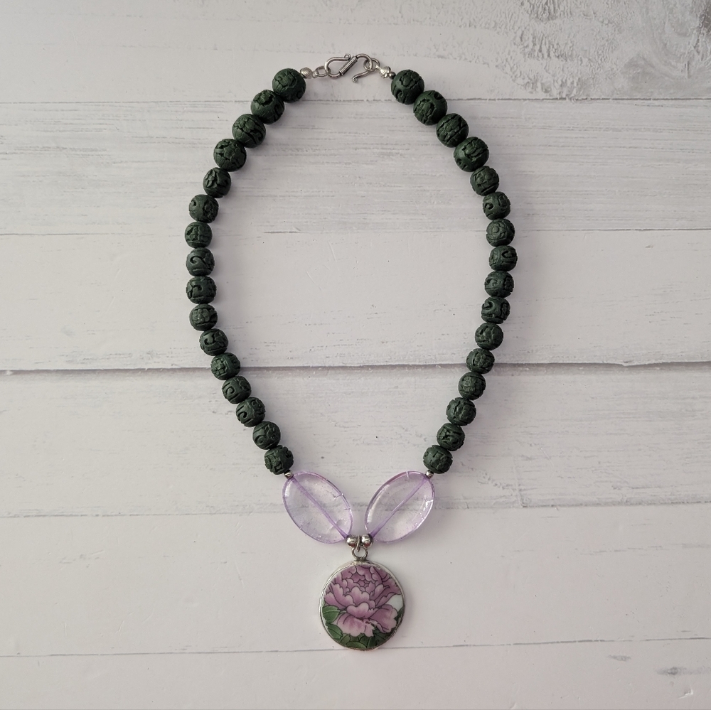 Vintage Silver Rimmed Porcelain Charm Women's Beaded Statement Necklace